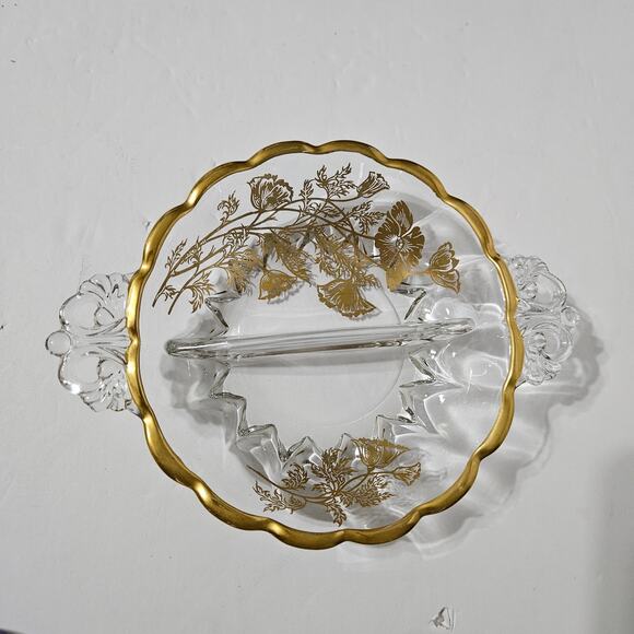 Vtg Martinsville Janice Divided Candy/Relish Dish Gold Wildflower Overlay Glass - Picture 1 of 9